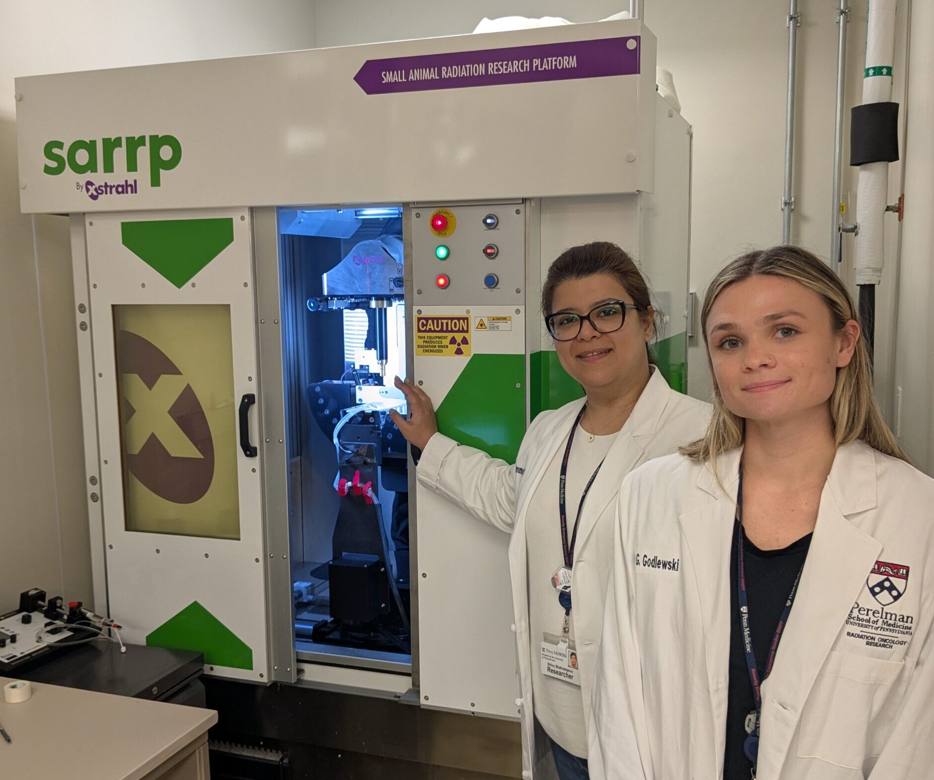 Shiva Shahrampour, PhD, Cell and Animal Radiation Core Technical Director, and Aydin Godlewski, BS, Resource Technologist. Courtesy of Penn Medicine.